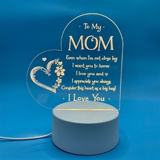 Hjerteformet LED lampe med tekst til mor